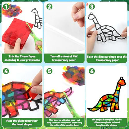 Lonfliness 32Sets Dinosaur Suncatchers Crafts Kit DIY Dino Window Stained Glass Effect Paper Dinosaur Animal Home School Classroom Decoration Art Craft Creative Activity Project Kid Gift Favor - style: Dinosaur