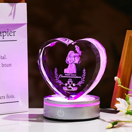 Qianwei First Communion Gifts for Girls, 3D Engraving Crystal Praying Girl Figurine First 1st Communion Veil Decoration, Baptism Gifts for Girls Catholic - color: Communion-girl-heart