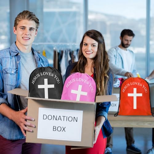 Draupnir Jesus Loves You Drawstring Backpack Bulk Church School Easter Religious Gift Bag Bible Bag Polyester Backpack for Christian Religion Gift(30 Pcs,Cross)
