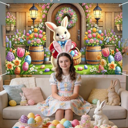 IVN Easter Bunny Banner 71x43 Inch Spring Egg Basket Flowers Front Door - color: Easter Bunny Front Door Spring Floral