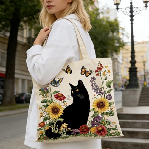 Canvas Tote Bags Reusable Shopping Bag for Women with Zippered Inner Pocket Magnetic Snap Closure - color: Black Cat 1