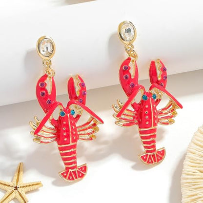 Creative Exaggerated Ocean Animal Drop Dangle Earrings for Women, Bohemia Style Alloy Lobster Octopus Fish Crab Earrings for Summer Beach Holiday Party Jewelry Gifts - style: Rhinestone Red Lobster Dangle Earrings-D