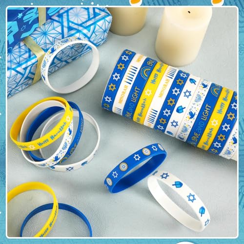 JUNEBRUSHS 42Pcs Hanukkah Party Favors Bracelets Chanukkah Wristbands Gift - style: Hanukkah Style