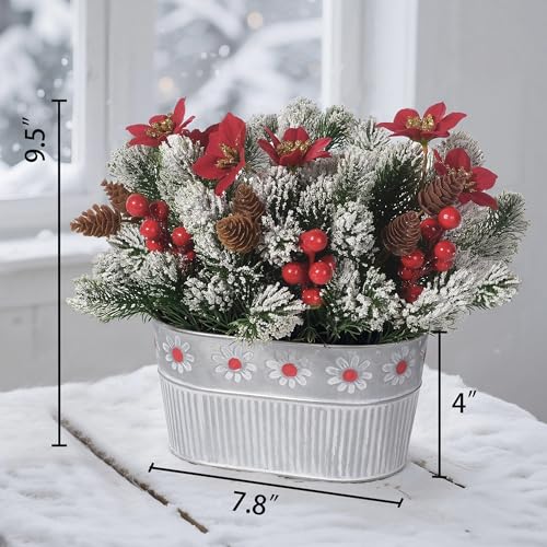 Christmas Centerpiece Table Decorations Artificial Norfolk Pine Branches with Poinsettia Flowers, Pine Cones & Berries in Metal Planter – Xmas Flower Arrangement for Christmas Décor & Dining Table