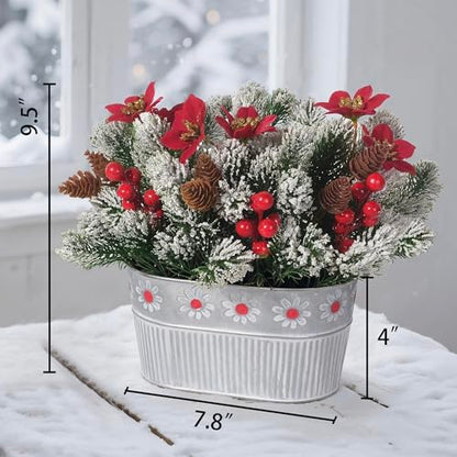 Christmas Centerpiece Table Decorations Artificial Norfolk Pine Branches with Poinsettia Flowers, Pine Cones & Berries in Metal Planter – Xmas Flower Arrangement for Christmas Décor & Dining Table