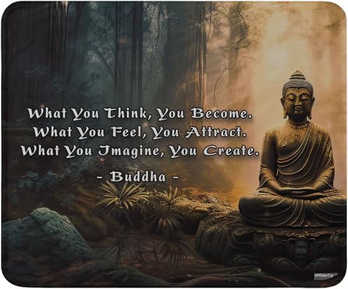 Buddha Quote Mousepad with Anti-Slip Base, What You Think Become Feel Attract Imagine Creat Inspirational Zen Design, Washable Surface, 9.5x7.9 Inches