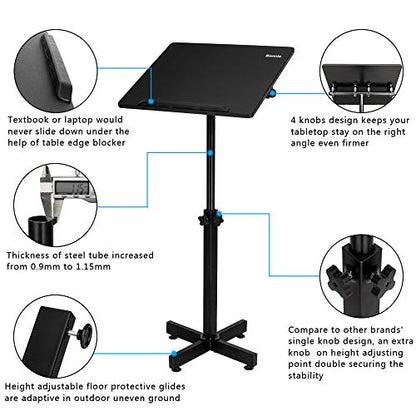 Bonnlo Classic Lectern Podium Stand, Height Adjustable Mobile Podium, Multi-Purpose Tabletop for Speech, Lecture, Church, Reading or Laptop Desk with Edge Stopper, Black - color: Black