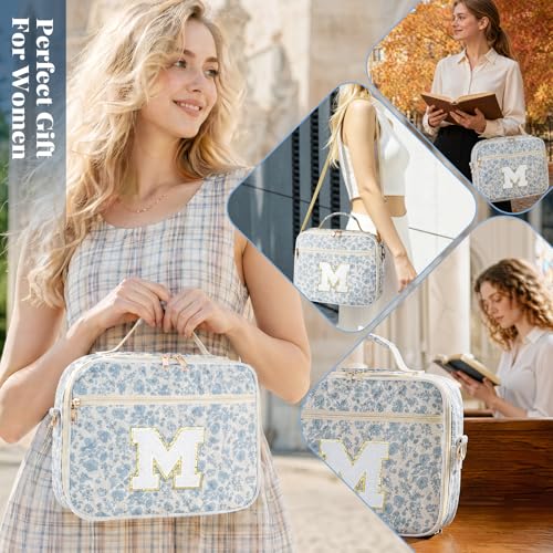 Personalized Initial Bible Cover Case for Women Bible Bag w/Study Supplies - color: Blue Flower, size: M