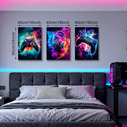 WENGTIAO 3Pcs Neon Gamepad Headphones Canvas Wall Art Prints 16"x24" - color: Cool Game Controller, size: 16"x24"x3Pcs