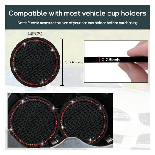 Dickno 4 PCS Bling Car Cup Coaster, 2.75 Inch Crystal Rhinestone Auto Cup Holder Insert Coaster, Anti-Slip Durable Car Drink Cup Mat, Universal Vehicle Interior Decor Accessories (Black & Red) - color: Black+red, size: 4 PCS