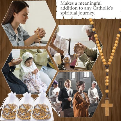 12 Set Olive Wood Catholic Rosary Beads Bulk with Organza Bag