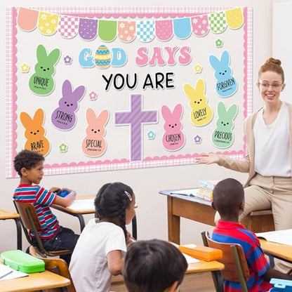 Easter Christian Bulletin Board Decorations God Says You are Religious Classroom Paper Cutouts Inspirational Cross Bunny Decor for Sunday School Church Classroom Chalkboard Wall Decor Teacher Supplies - style: God says you are