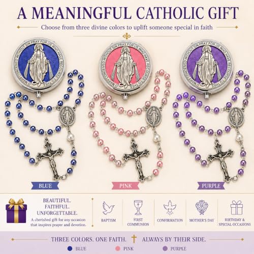 Catholic Pearl Cross Rosary Necklace — Ideal for Baptism, Prayer, Devotion — 6mm Glass Beads & 8mm Our Father Beads w/Caps, Miraculous Jewelry Box – Perfect Religious Gift for Women, Men - color: Purple
