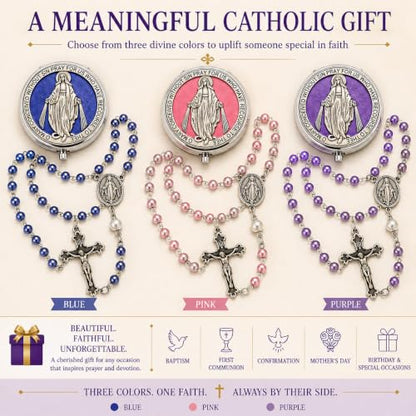 Catholic Pearl Cross Rosary Necklace — Ideal for Baptism, Prayer, Devotion — 6mm Glass Beads & 8mm Our Father Beads w/Caps, Miraculous Jewelry Box – Perfect Religious Gift for Women, Men - color: Purple