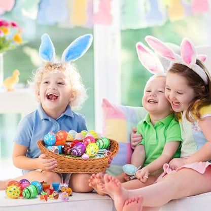 Simgoing 134 Pcs Easter Party Favors Bulk Easter Egg Fillers with Slap Bracelets Stampers Rings Make Your Own Stickers Easter Basket Stuffers for Easter Goodies Bags Classroom Crafts Prize Supplies