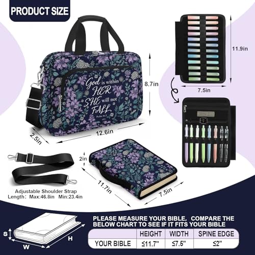 Lilac Bible Cover Case for Women with Shoulder Strap & Handle Zipper Pocket, Large Bible Bag with Study Supplies Journaling Kit Book Carrying Case, Pens Highlighters Cross Clips Tabs - color: Purple Lilac