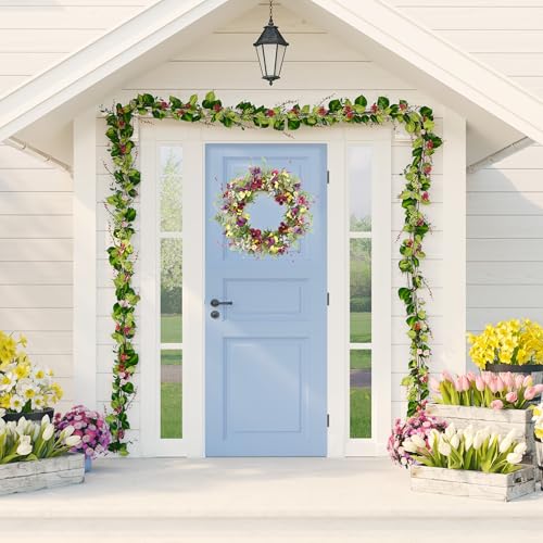AMF0RESJ Artificial Spring Wreaths for Front Door Pansy Wreath Summer Wreath with Colorful Pansy,Berry,Daisy for Front Door Indoor Outdoor Farmhouse Home Wall Window Festival Decoration