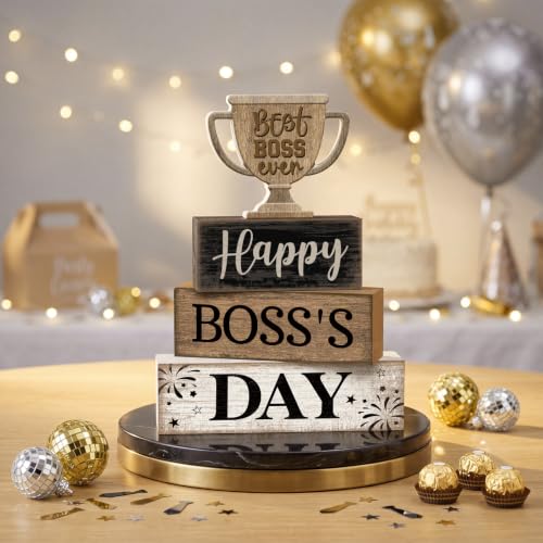 Moucuny 4 Pcs Boss Day Table Decorations Rustic Trophy Wooden Blocks Decor - style: Happy Boss’s Day