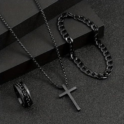 DATOA 3Pcs Cross Necklace Stainless Steel Chains Bracelet Ring for Men Silver Gold Black Pendant Minimalist Jewelry - color: Black