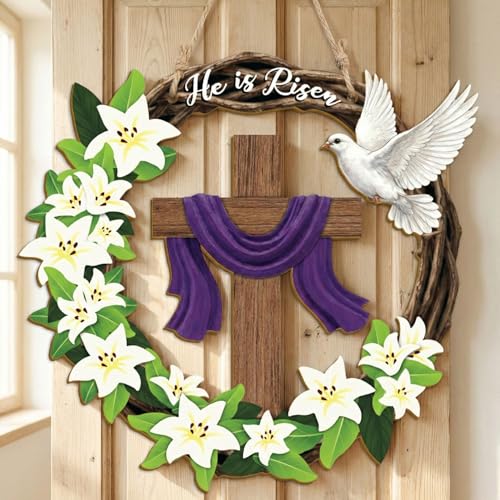 He is Risen Easter Wreath, Wooden Christian Cross Door Decor with Lily Flowers & Dove, Faith-Inspired Easter Hanging Sign for Front Door, Wall, Farmhouse Spring Decor