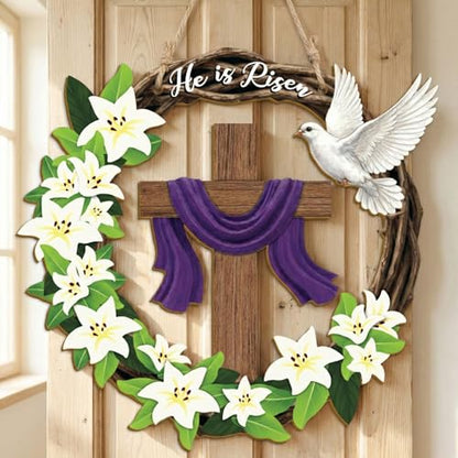 He is Risen Easter Wreath, Wooden Christian Cross Door Decor with Lily Flowers & Dove, Faith-Inspired Easter Hanging Sign for Front Door, Wall, Farmhouse Spring Decor