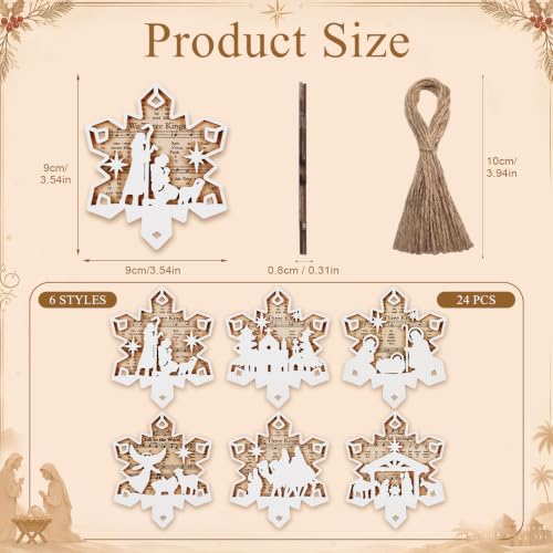 Shellwei 24 Pcs Christmas Ornament Bulk Wooden Nativity Scene Music Sheet - style: Snowflake