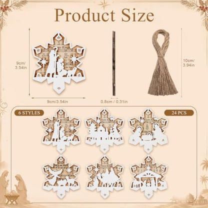 Shellwei 24 Pcs Christmas Ornament Bulk Wooden Nativity Scene Music Sheet - style: Snowflake