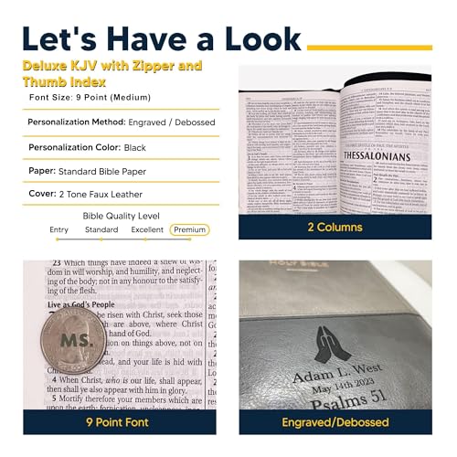 Personalized KJV Deluxe Standard Print King James Version Faux Leather Holy Bible with Thumb Index and Zippered Closure, Custom Name Includes Up to 3 Rows of Text with Red Letter Edition - color: Gray/Black