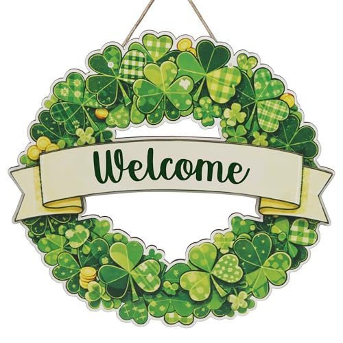 Welcome St. Patrick’s Day Shamrock Wreath Door Sign, Lucky Irish Green Clover Hanging Decor, St Patricks Day Gifts & Accessories for Front Door, Home, Housewarming - color: Welcome