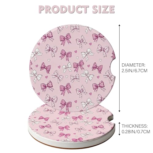 2 Pack Car Coasters for Cup Holders, Cute Car Accessories Interior - color: Bow