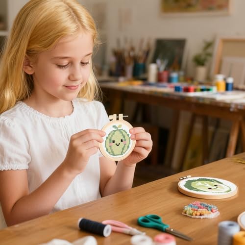 57lilina Easy Embroidery Kit for Kids Beginners, 6 Set Cute Stamped Pattern - color: Mango+Dragon Fruit+Cucumber+Sweet Potato+Cantaloupe+Cabbage