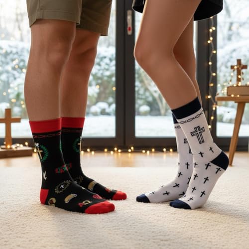 shiningsoul 4-Pack Christian Mid-Calf Socks for Men & Women, Religious Socks with Cross, Dove, Fish Symbol Design, 2 Pack White & 2 Pack Black