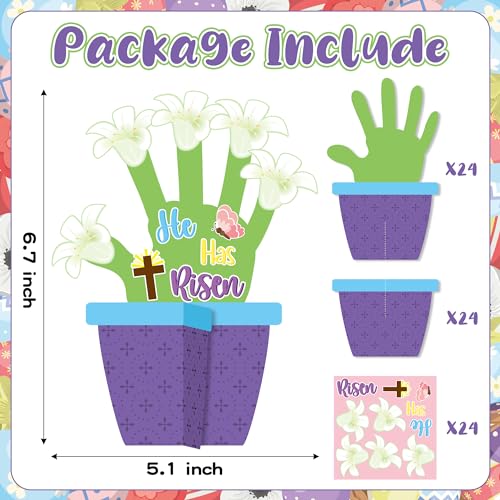 WATINC 24 Pack Easter Jesus He is Risen Handprint Flower Craft Kit, Make Your Own Religious Lily Cross Decorations, DIY Christian Flower Pot Gift Sunday School Classroom Home Party Activities for Kids