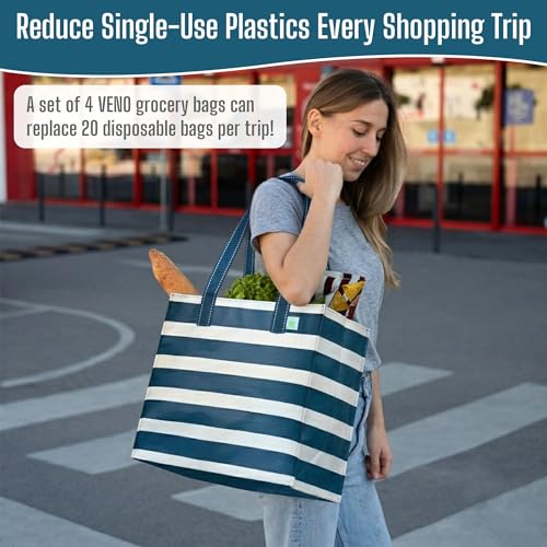 VENO 4 Pack Large Grocery Bag Reusable Shopping Bags with Hard Bottom - color: Classic Navy Stripe