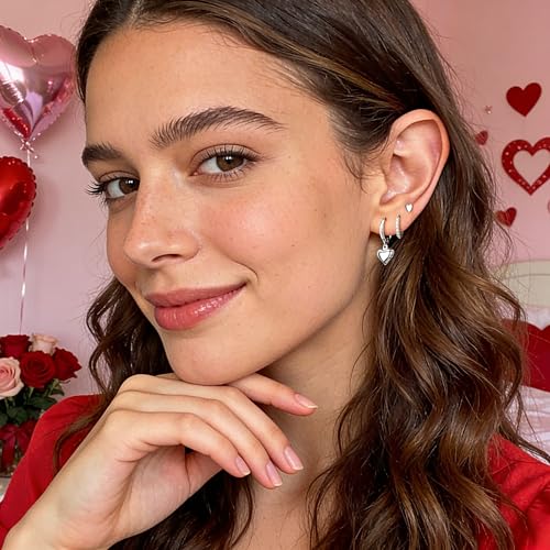 14K Gold Planted Seashell Starfish Stud dangle Earrings for Women, Summer Beach Hoop Earrings for Multiple Piercing Cartilage, Dainty Trendy Dangling Earring 3 Pairs Set Vacation Ocean Outfits Accessories Jewelry - color: Heart-Silver