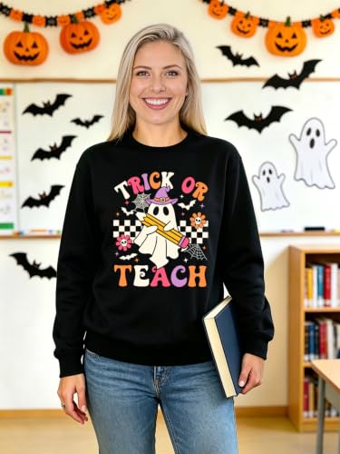 Teacher Halloween Sweatshirt Women Cute Ghost Reading Books Tops - color: D-black, size: Medium
