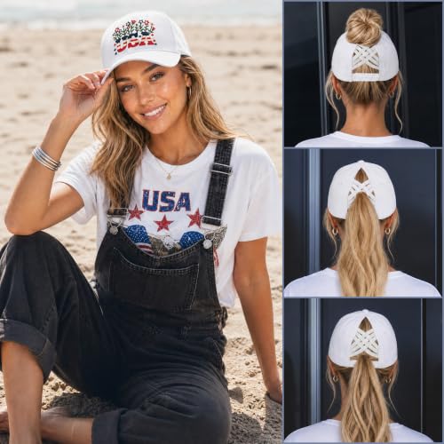 C.C Women's Criss-Cross Ponytail Trucker Hat - Snapback, One Size - color: Floral Usa-white