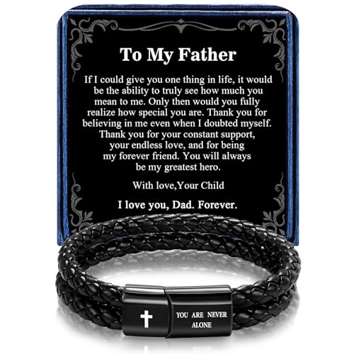 Christian Bracelet for Men, Bible Verse Leather Cross Gift for Men - color: A-To My Father-You Are Never Alone-Love You Forever