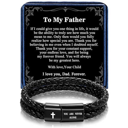 Christian Bracelet for Men, Bible Verse Leather Cross Gift for Men - color: A-To My Father-You Are Never Alone-Love You Forever