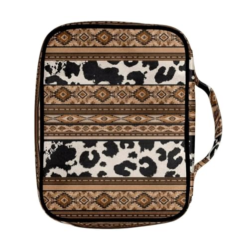 Coldinair Tribal Aztec Bible Covers for Women Men,Native Geometric Carrying Book Bible Case Cow Print Church Bag Bible Protective with Handle & Zippered Pocket - color: Tribal Aztec Geometric Cow Print