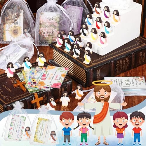 Bememo 50 Sets Bible Verse Cards Include 50 Prayer Cards, 50 Mini Rubber Jesus Figurines and 50 Organza Bags for Religious Party Favors Sunday School Baptism Gifts (Flower Style, Classic) - color: Classic, style: Flower Style