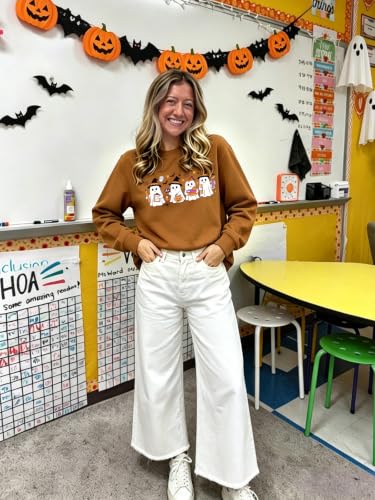 Teacher Halloween Sweatshirt Women Cute Ghost Reading Books Tops - color: B-brown, size: Medium