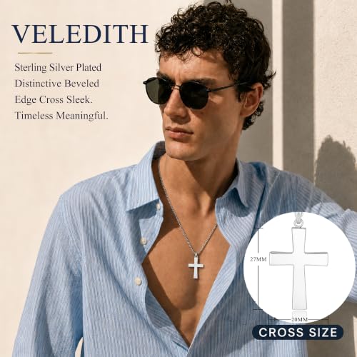 925 Sterling Silver Cross Necklaces for Mens Women CZ Beveled Edge - color: Beveled edge silver cross