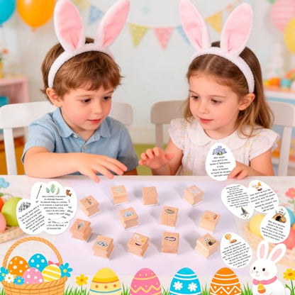 HOWAF Christian Easter Gifts Set, Include 12pcs Resurrection Eggs Stamps and 12 Religious Easter Story Cards for Resurrection Decoration, He is Riren Inking Stamps, Jesus Lives Story Rubber Stampers