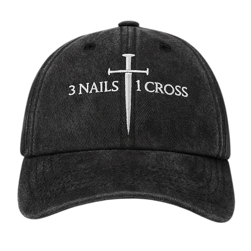 Three Nails Cross Christian Hats, Embroidered Baseball Caps for Adults - color: Black White With Text