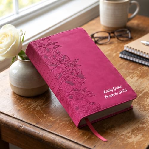 Printualist Personalized NLT Bible, Custom Name and Scripture Reference, Red Letter New Living Translation Text, Floral Faux Leather Christian Gift for Devotion, Church, Women and Teens, Peony Pink - color: Peony Pink