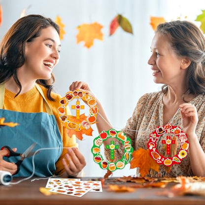JarThenaAMCS 30 Set Fall Thanksgiving Wreath Craft Kit Autumn Christian DIY Crafts Make Your Own Wreath Cross Stickers Rope Hanging Ornament for Arts Activities Home Decorations