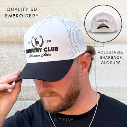 CITRUSY Athletic Trucker Golf Hat | Performance Mens 5 Panel Cap | Cool Breathable Waterproof Workout Running Snapback - color: Country Club | Black