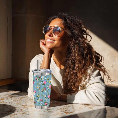 Blue Floral Tumbler 20 oz, Insulated Stainless Steel Travel Mug with Lid and Straw, Wildflower Coffee Cup for Women, Spring Daisy Flower Tumbler, Birthday Gift for Mom Wife Friend - color: Cute Wildflower