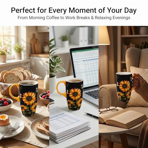 Topadorn 17oz Ceramic Travel Mug with Lid, Sunflower Coffee Mug - color: Black & Yellow